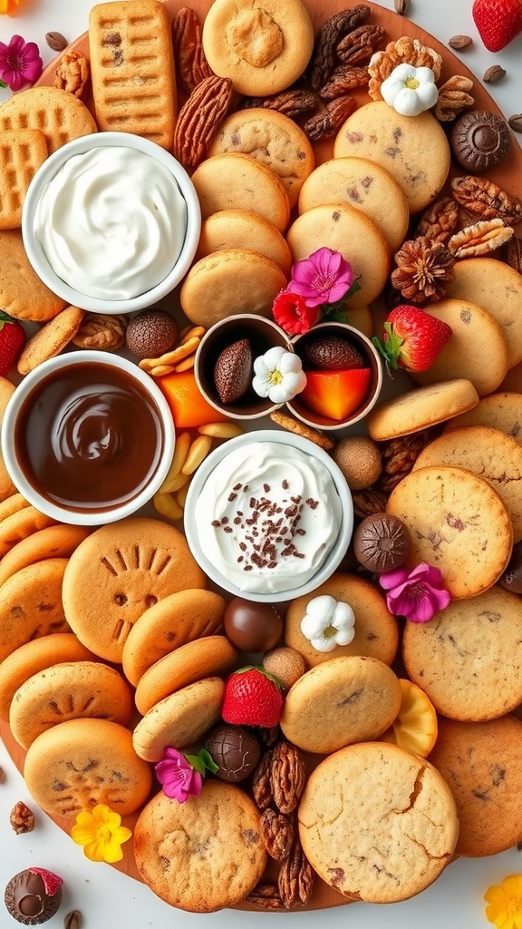 A vibrant cookie charcuterie board with cookies, dips, fruits, and decorative elements.
